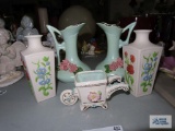 Ceramic vases and ceramic wheelbarrow planter