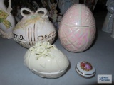 Ceramic covered eggs and Limoges France trinket box