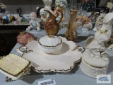 Angel trinket box, covered candy dish, ceramic vases, serving platter, and soap dish