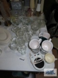 Large amount of clear glassware, Christmas mugs, mug warmer, etc