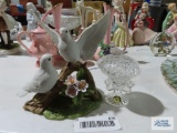 Small crystal covered dish with bird figurine lid and Andrea bird figurine