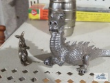 Heavy metal dragon figurine and miniature metal kangaroo figurine