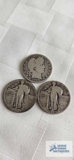 1909 Barber quarter and 2 Standing Liberty quarters, 1 marked 1929