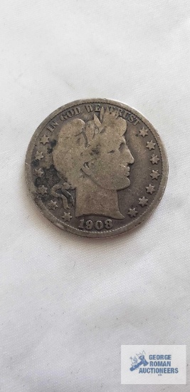1908 Barber half dollar coin, marked D
