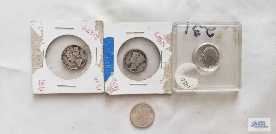1955 Roosevelt dime in plastic case. 1926, 1937 and 1939 Mercury dimes.