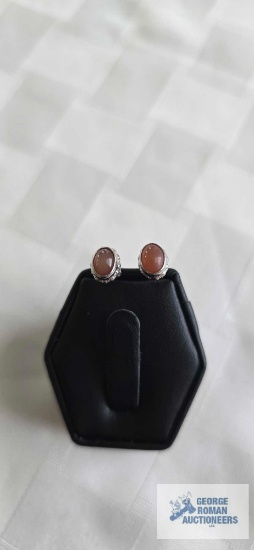 Silver colored earrings with light brown (cornelian) stone, marked 925, 2.0 G
