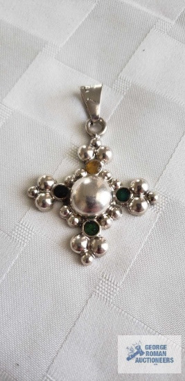 Silver colored multi-stone cross pendant, marked 925, 13.4 G