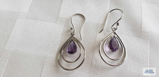 Silver colored purple stone dangle earrings, no markings found, approximately 4.3 G