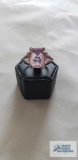 Silver colored ring with three pink stones, marked 925, 5.2 G, size 9