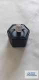 Silver colored engagement style ring with clear gemstones, marked 925, 3.4 G, size 9
