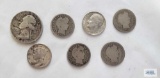 1941 quarter. 1914, 1915, and (2) 1908 Barber dimes. 1942 Mercury dime. 1953 Roosevelt dime.