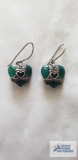 Silver colored Claddagh earrings with green stone, marked 925