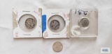 1955 Roosevelt dime in plastic case. 1926, 1937 and 1939 Mercury dimes.