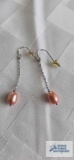 Silver colored with peach bead dangle earrings, marked 925