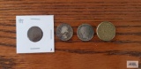 Barber quarter, silver quarter, Indian Head penny, and foreign coin