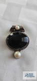 Silver colored pendant with black and pearl like stones, marked Ati, Mexico, 15.5 G.