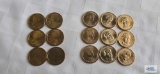 6 Sacagawea one dollar coins and 9 gold colored Presidential coins.