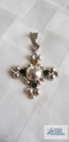 Silver colored multi-stone cross pendant, marked 925, 13.4 G