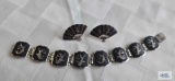 Silver and black etched Siam Sterling bracelet and matching fan earrings, 25.3 G