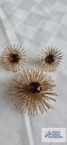 Sarah Cov. amber colored stone gold colored earrings and pin set
