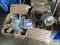 Two boxes of various hardware, shop light parts, etc