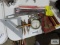 Speed square, heat shrink tubing, vintage thermometer, machinist caliper, snap ring pliers, etc