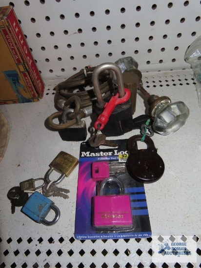 New Master Lock with key, antique lock with key, other padlocks with keys and antique door knob