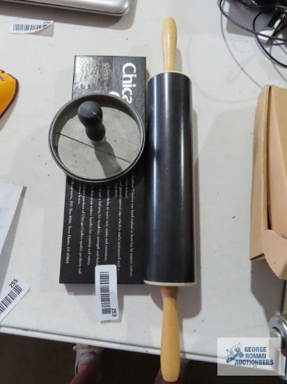 Rolling pin, burger press, and Chicago Cutlery knife set