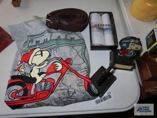 Snoopy figurines, men's handkerchiefs new in box, men's belt, and Peanuts shirt size XL with tag