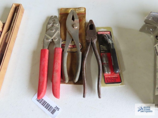 Craftsman 5-piece offset screwdriver wrench set new in package, various pliers, and crimpers