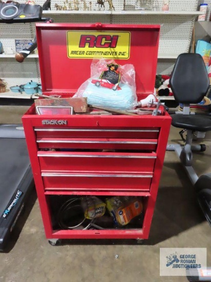 Stack-on roll about toolbox with tools and hardware
