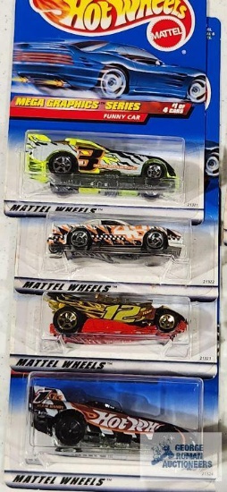 Complete set of 1999 Mega Graphics series Hot Wheel cars new in packages