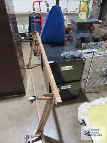 Metal two-door file, ironing board, and twin size bed frame