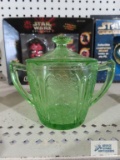 Green depression glass sugar with spoon slots on top