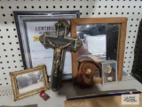 Religious items, wall mirror, framed photograph, and etc