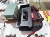 Hyper Tough tool bag with tool tray, metal tool boxes, and wooden box