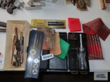 Tap and die sets with easy outs, 6 in 1 nut and screwdriver set, vintage Dunlap 6 piece auger bit
