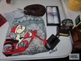 Snoopy figurines, men's handkerchiefs new in box, men's belt, and Peanuts shirt size XL with tag