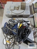 Sony PlayStation with two controllers, RCA jack connector, two memory cards and power cord