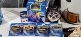 Four Hot Wheels pencil sharpeners with removable diecast cars, Hot Wheels car wash, playing cards,