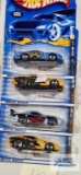 One 2000 Speed Blaster series and three 2001 Anime series Hot Wheels cars, new in packages