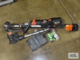Works 40' leaf jet with weed wacker, double battery charger, one battery, and trimmer string rolls