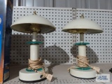 Two white metal and glass desk lamps