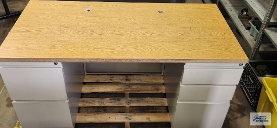 Formica top knee-hole desk, 5' long by 2' 6" wide by 28-1/2" tall. Metal desk, 45" long by 30" wide