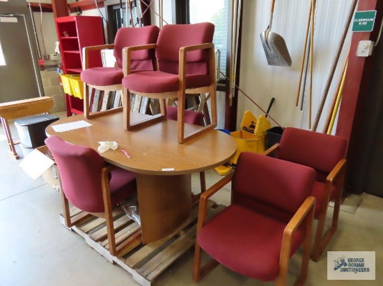 6' x 3' Oak finish conference table with six chairs