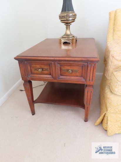 Pair of Hekman Furniture fruitwood end tables. On first floor.