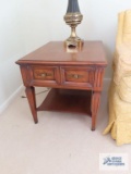 Pair of Hekman Furniture fruitwood end tables. On first floor.