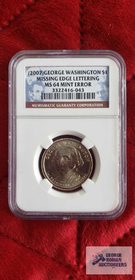 2007 George Washington, gold colored $1 coin, missing edge, lettering, mint error.
