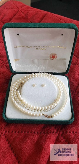 Pearl like necklace, bracelet and earrings set, clasp marked 14K
