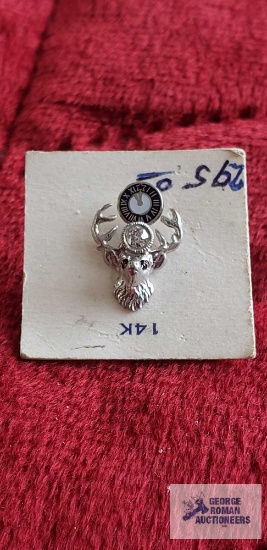 Silver colored deer head tie tack with clear gemstone, screw on back marked 14K.